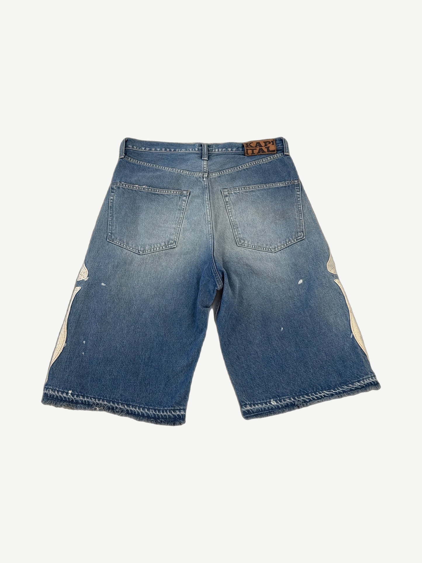 Kapital blue denim bone shorts back, mid-wash with leather Kapital patch and side bone embroidery.