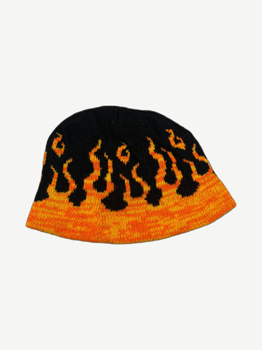 Vintage Harley Davidson HD flame knit beanie back view showing orange and black fire pattern knit