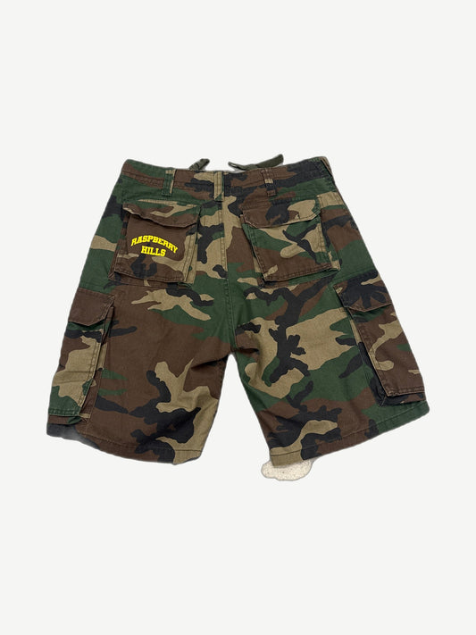 GV Gallery Raspberry Hills camo cargo shorts back with yellow logo on rear pocket, side cargo pockets.