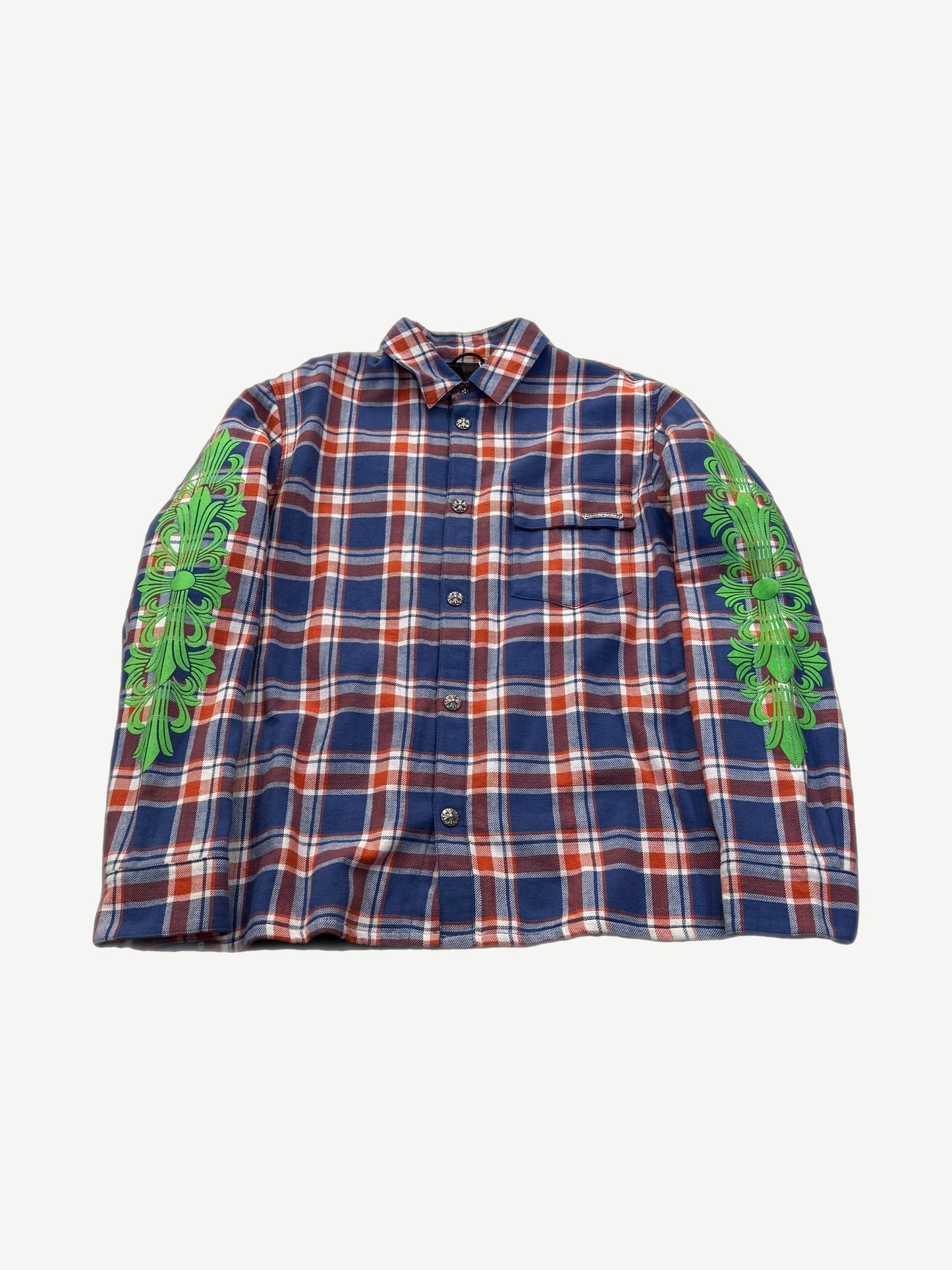 Chrome Hearts red and blue plaid padded flannel shirt jacket with green floral sleeve graphics.