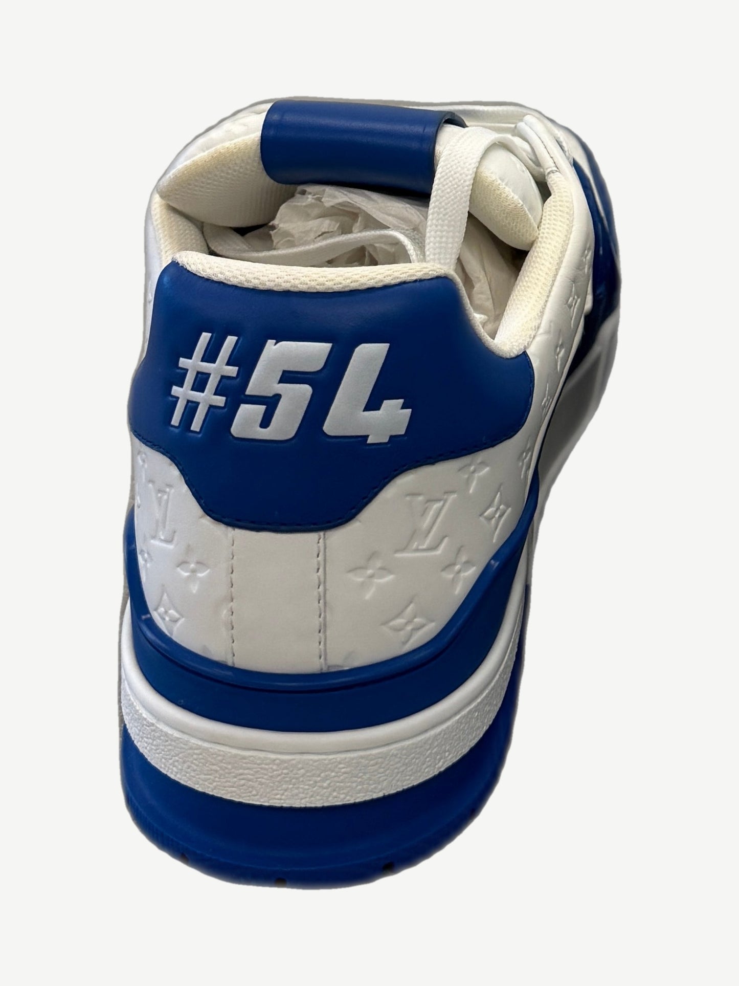 Louis Vuitton blue Trainer sneaker back heel detail with white #54 jersey number on blue leather tab