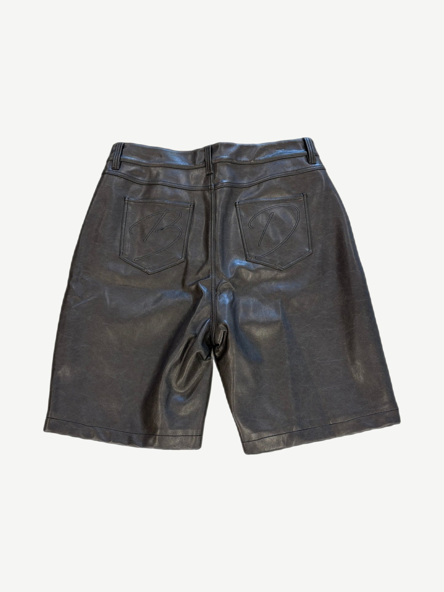 Bottega Desires black leather shorts back with embroidered B and D script monograms on rear pockets