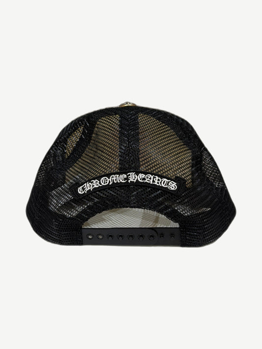 Rear view of Chrome Hearts eyechart trucker cap showing white mesh back panels and black snapback closure.