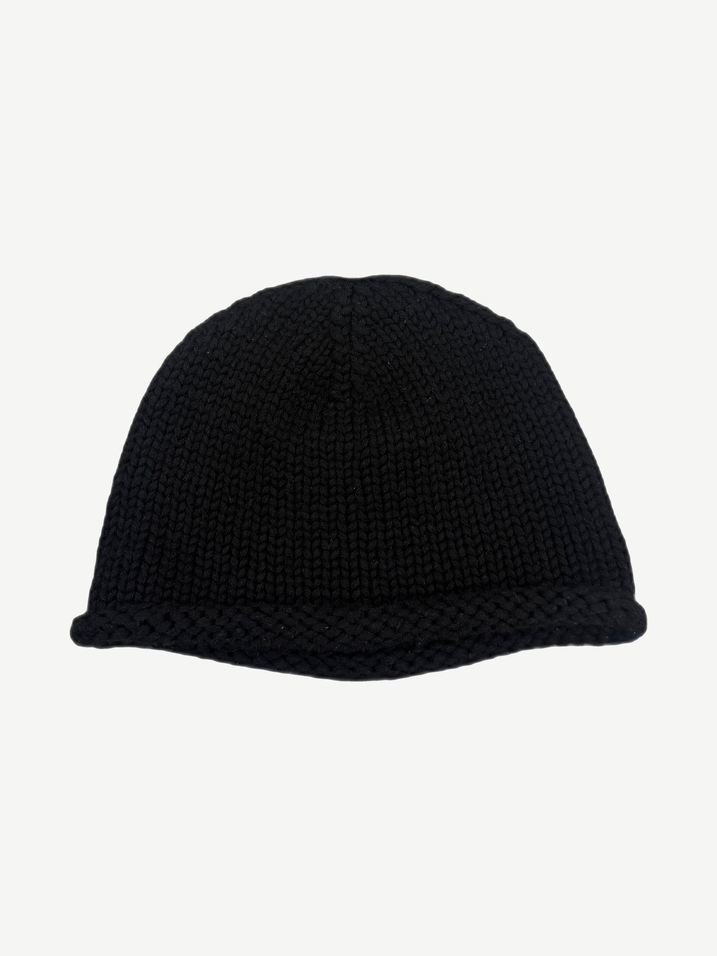 Chrome Hearts black cashmere cable-knit beanie back view with rolled hem and plain knit