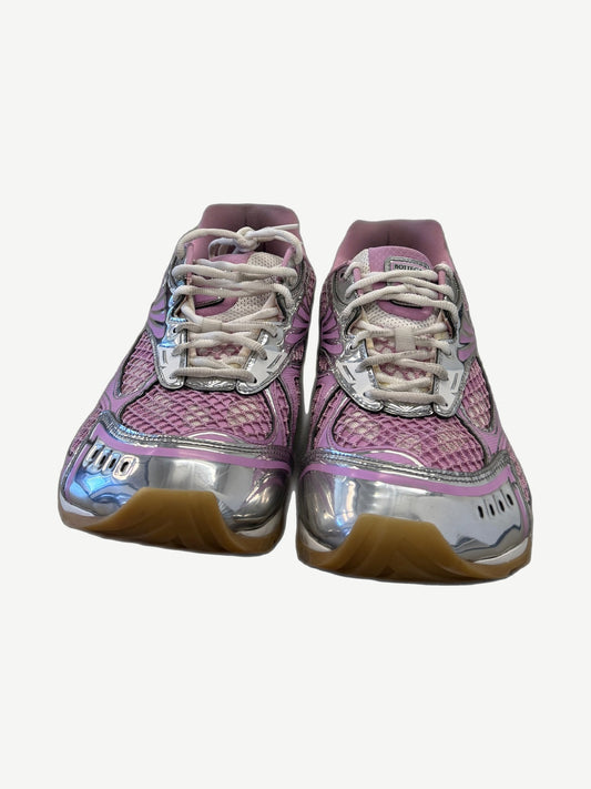 Bottega Veneta Orbit pink sneakers front pair with chrome toe caps and Bottega Veneta side branding