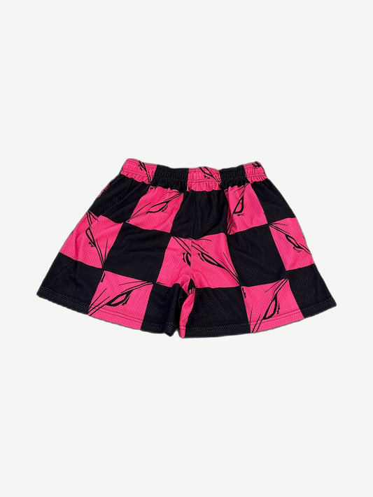Matty Boy x Eric Emanuel pink checkered mesh shorts back view with embroidered logo