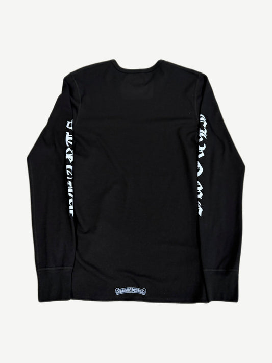 Chrome Hearts scroll logo thermal back view in black waffle knit showing gothic CHROME HEARTS back print.