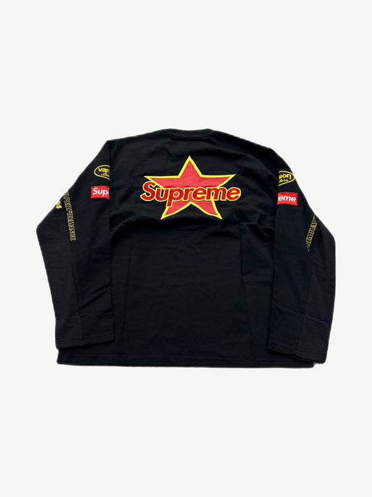 Supreme Vanson Leathers black longsleeve back, full panel collab print with bike-club typography