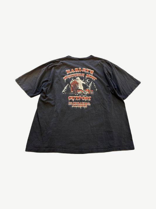 Vintage Harley Davidson black tee back with red Northernmost Outpost Fairbanks Alaska bear and outhouse print