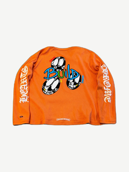 Chrome Hearts Matty Boy orange thermal back with graffiti BUILD bubble graphic and Hearts sleeve text