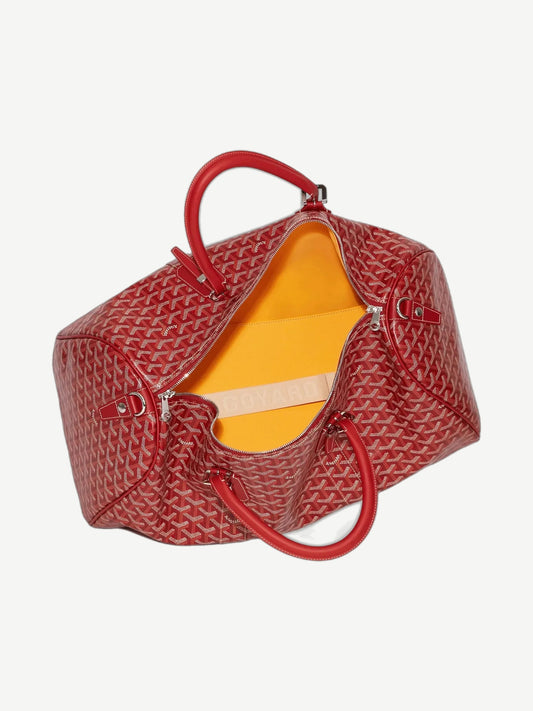 Goyard Red Boston 50 duffle bag open top showing yellow Goyard branded interior lining and red leather trim