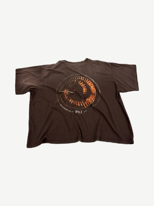 HMDD brown tee back with orange spiral Power in Memories graphic and circular text print