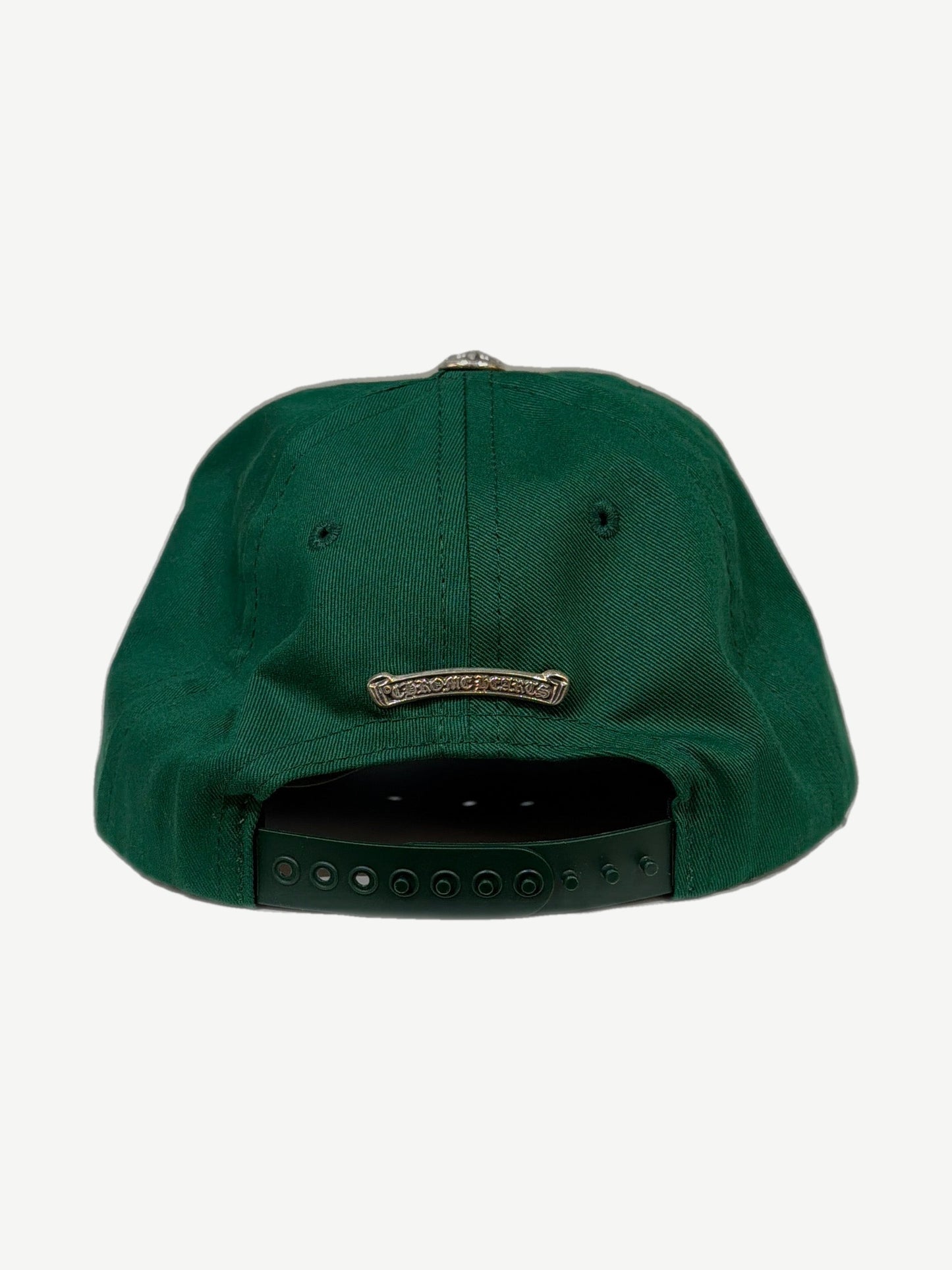 Chrome Hearts Matty Boy green Space hat back, silver CH cross clip strap closure on green crown