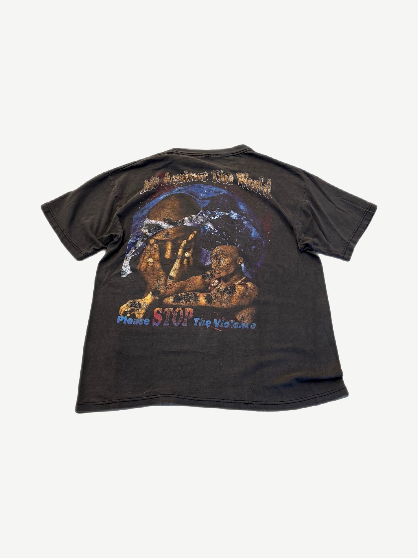 Vintage Tupac Shakur Me Against The World rap tee back with globe graphic and Please Stop The Violence text