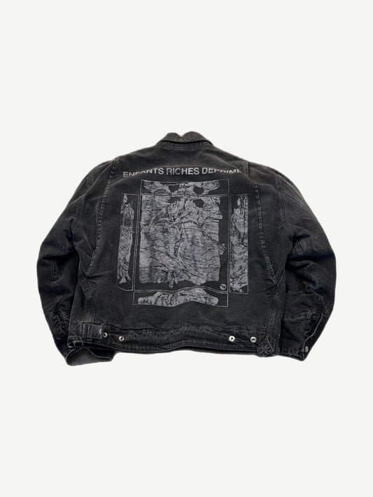 Enfants Riches Deprimes black work jacket back with greyscale Italian Romance figural print graphic.