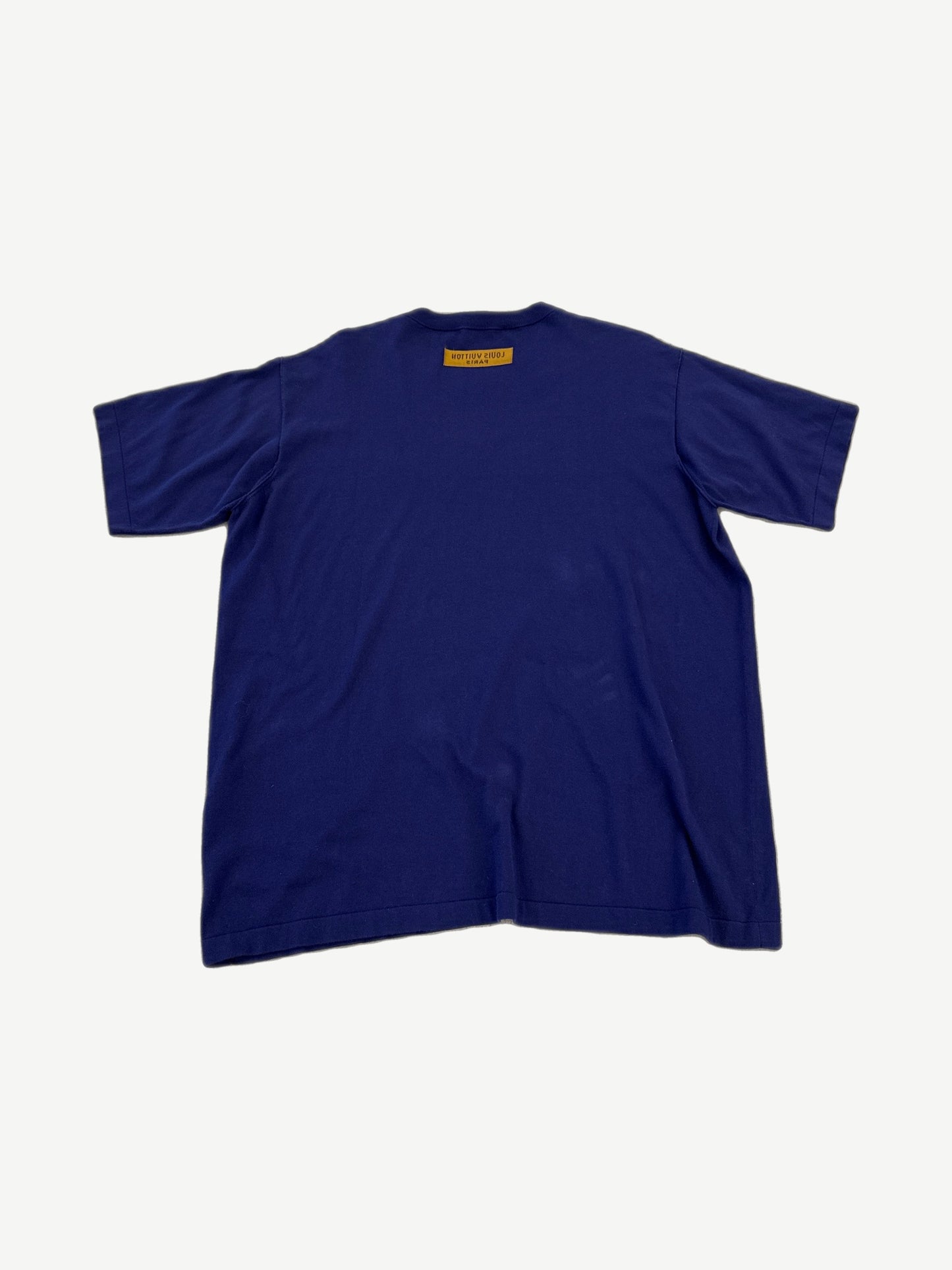 Louis Vuitton blue script logo tee back view showing solid royal blue cotton jersey and clean hem.