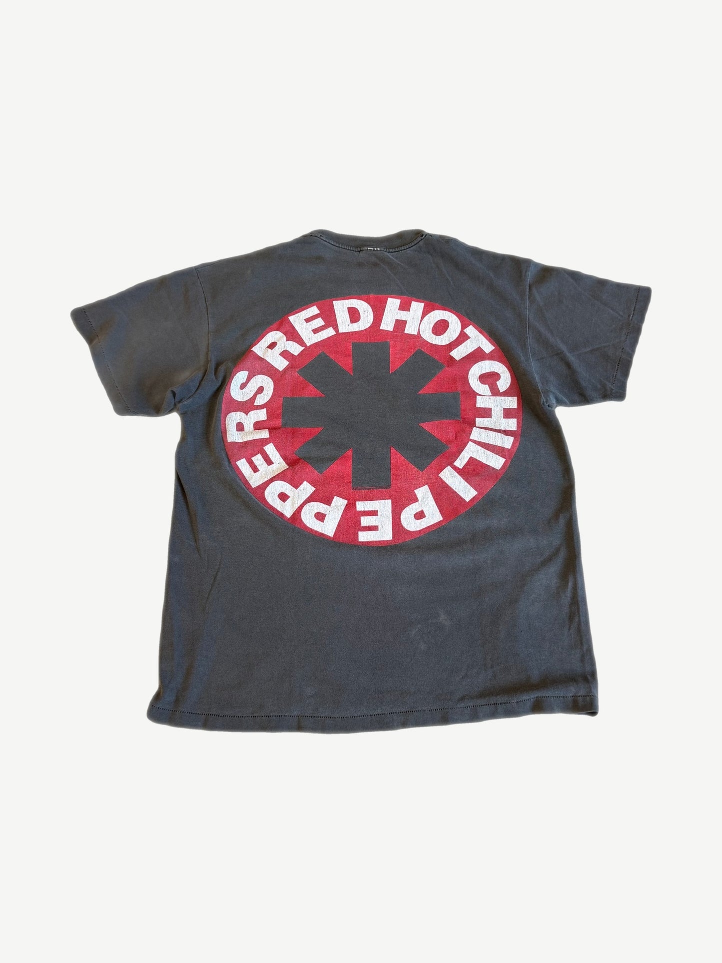 Vintage RHCP Blood Sugar Sex Magik tour tee back view in faded black with album graphic print.
