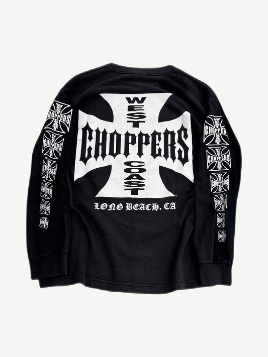 Vintage West Coast Choppers black longsleeve back with large white iron cross logo and Long Beach CA gothic text.