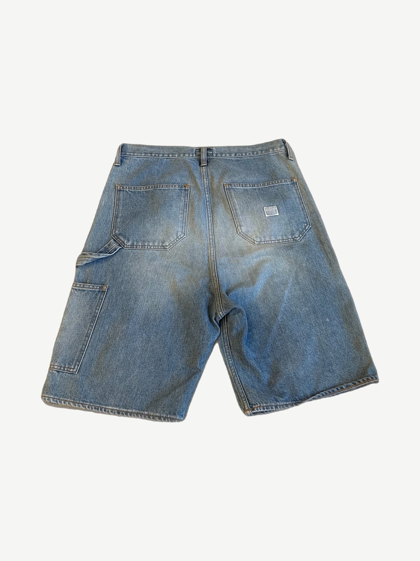 Kapital blue denim jewel shorts back view with carpenter pockets and small leather label