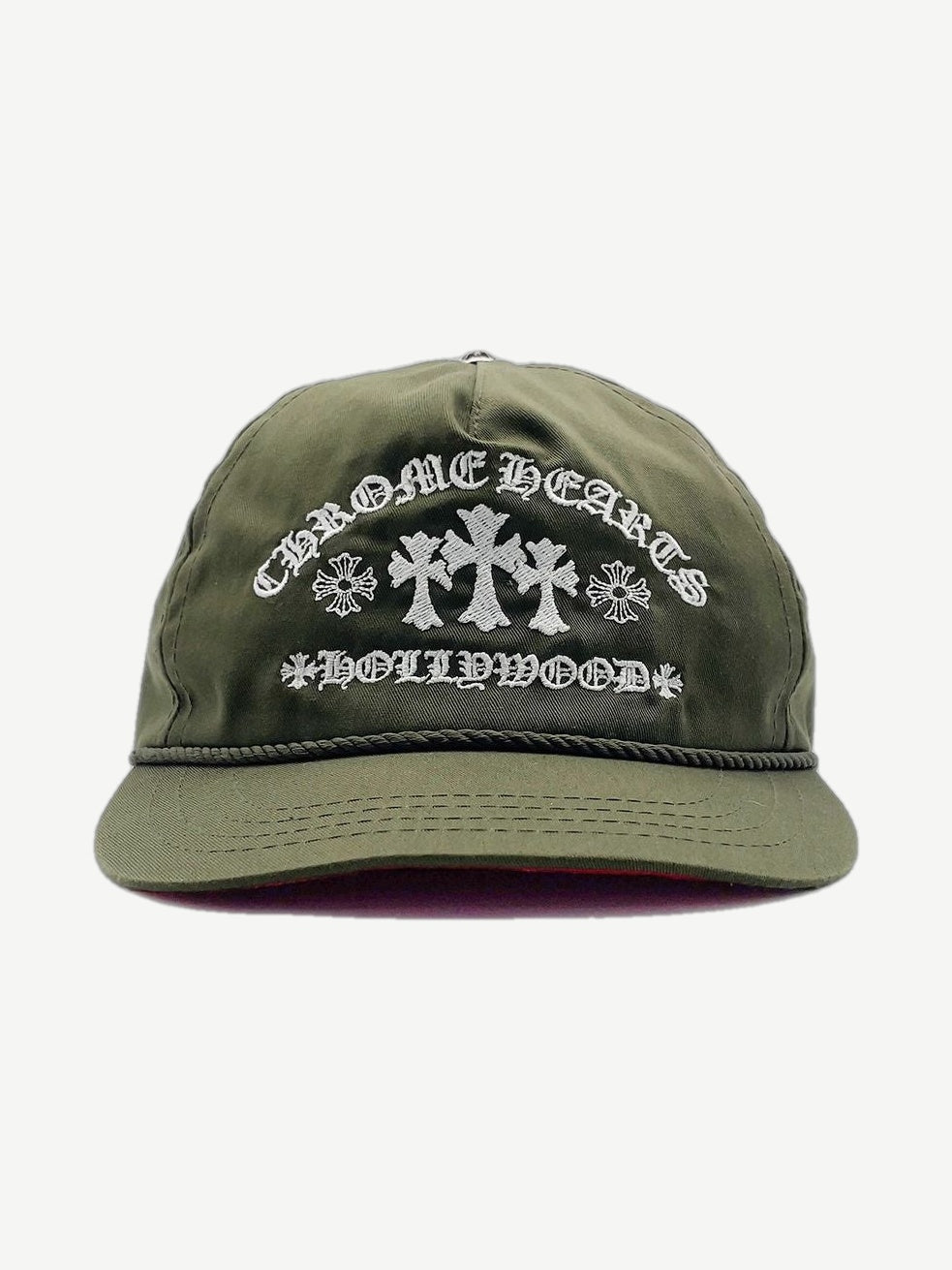 Chrome Hearts olive green trucker hat with embroidered triple cross logo and Gas Station graphic patch.