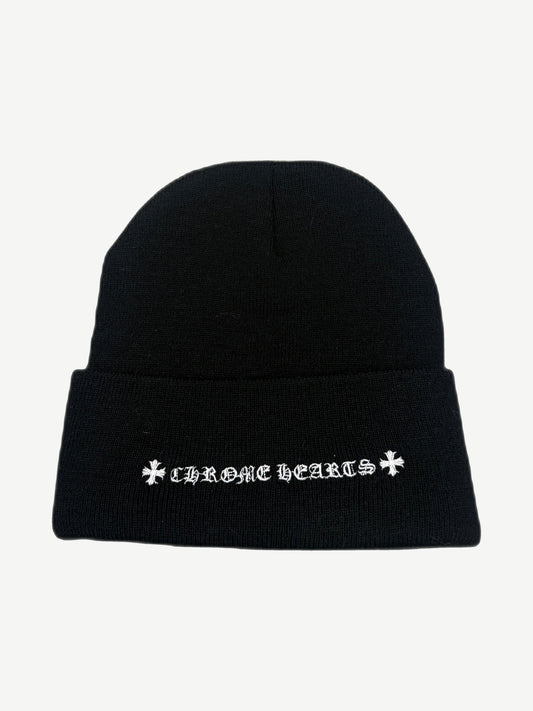 Chrome Hearts black beanie back view with white embroidered Chrome Hearts Old English script across cuff