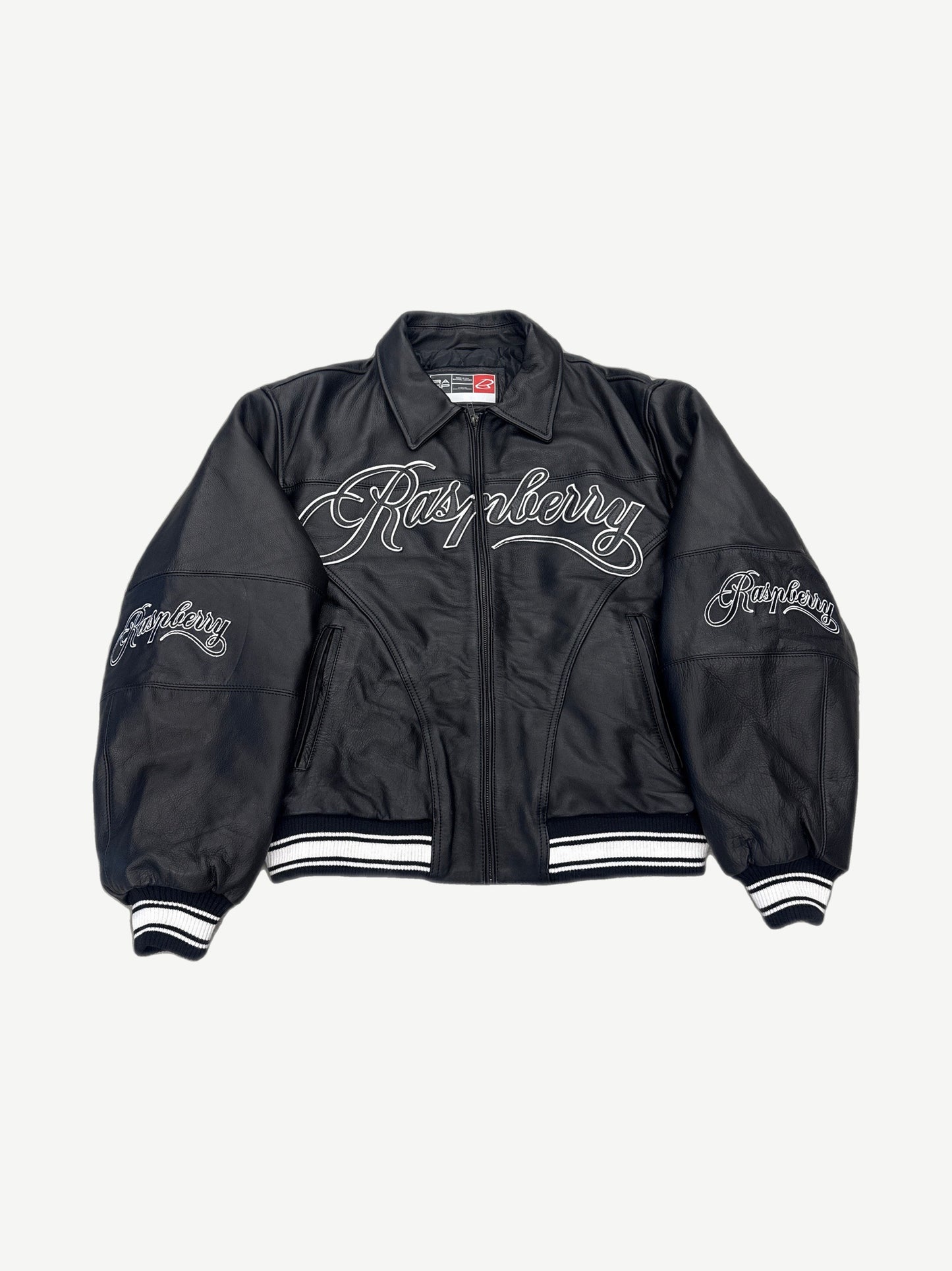 GV Gallery Raspberry Hills black leather varsity jacket with white Raspberry script and striped trim