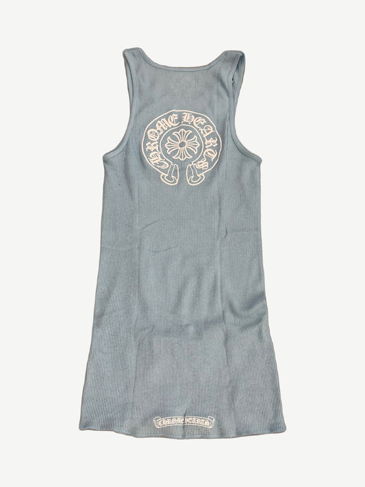 Back view of Chrome Hearts baby blue ribbed tank with large white Chrome Hearts horseshoe logo print