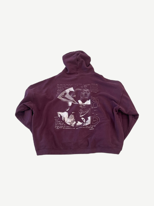 ERD burgundy Remember When hoodie sleeve view with typewriter text print down the arm.