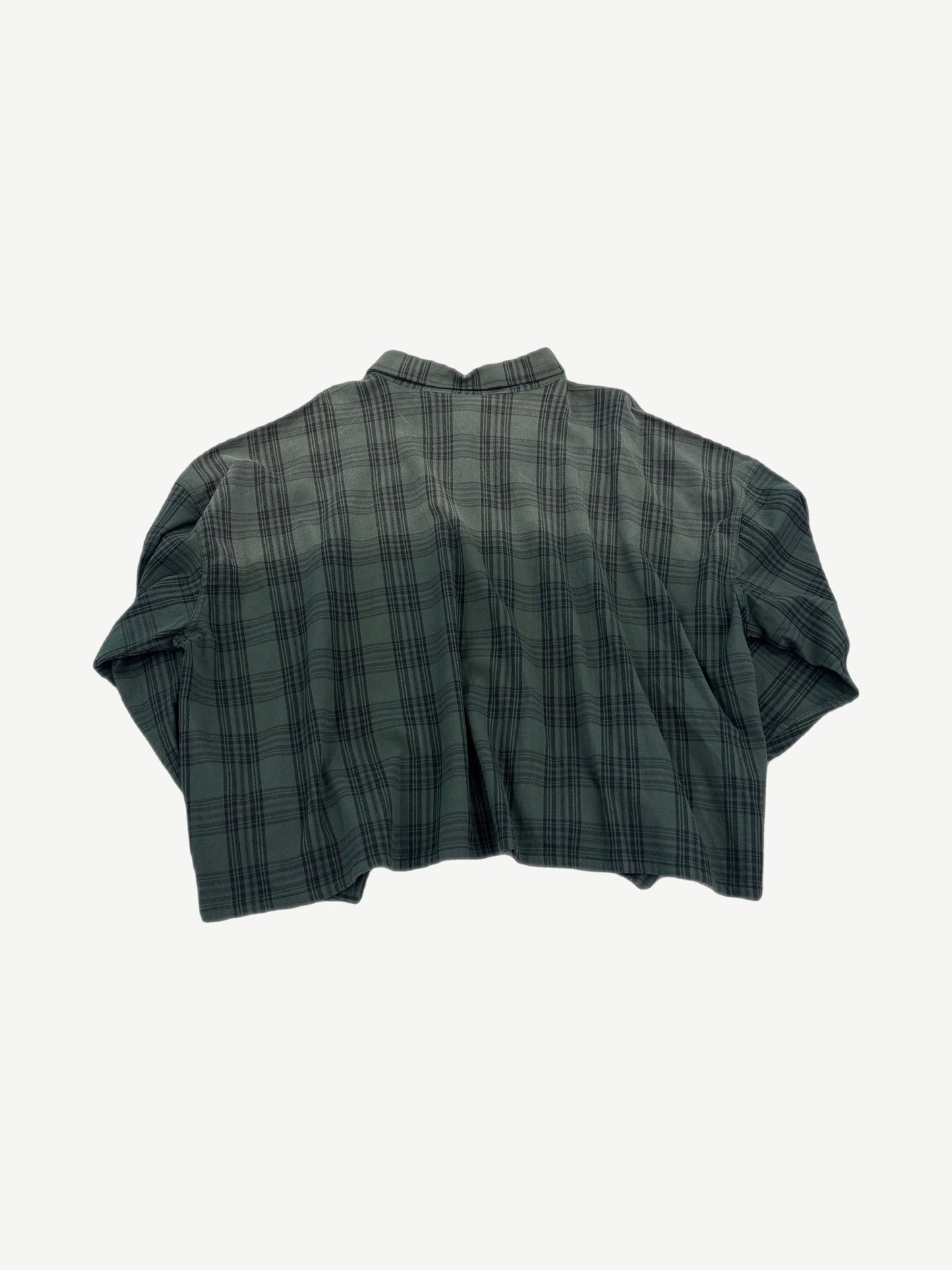Back view of Raspberry Hills green plaid cropped flannel showing dark check pattern and boxy silhouette.