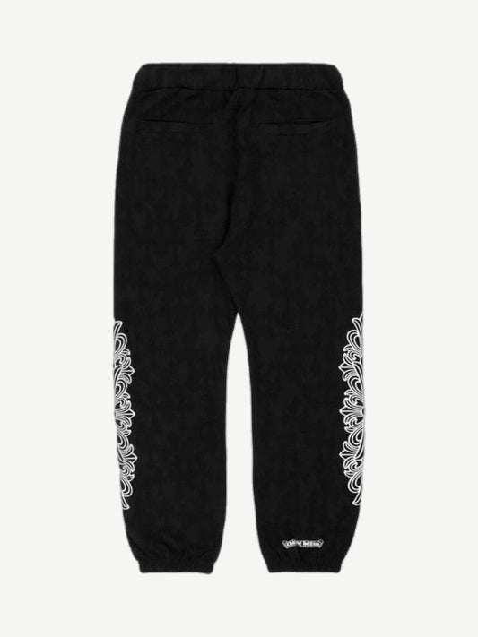 Chrome Hearts Floral Cemetery sweatpants back view with cross print and horseshoe logo on right thigh