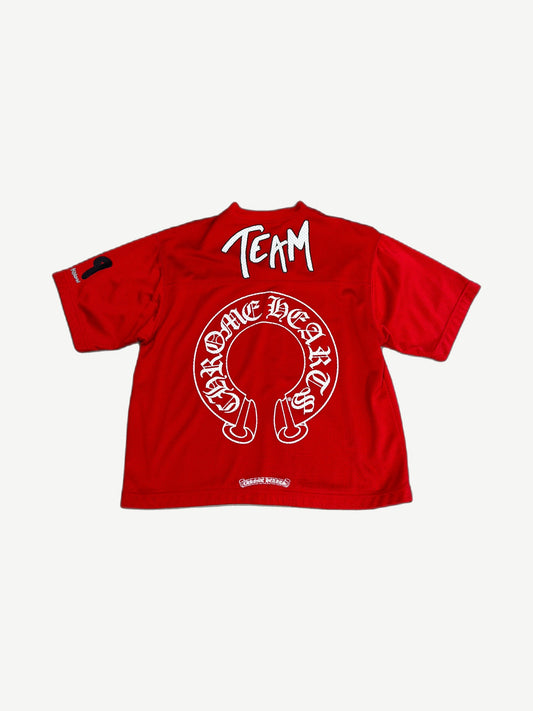 Chrome Hearts red mesh jersey back with white TEAM script and large horseshoe logo applique print