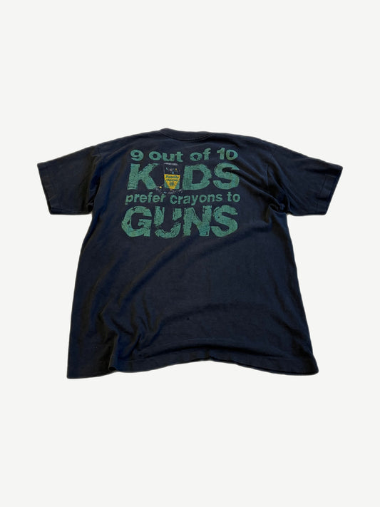 Vintage Pearl Jam Choices tee back with green distressed crayons over guns slogan graphic print.