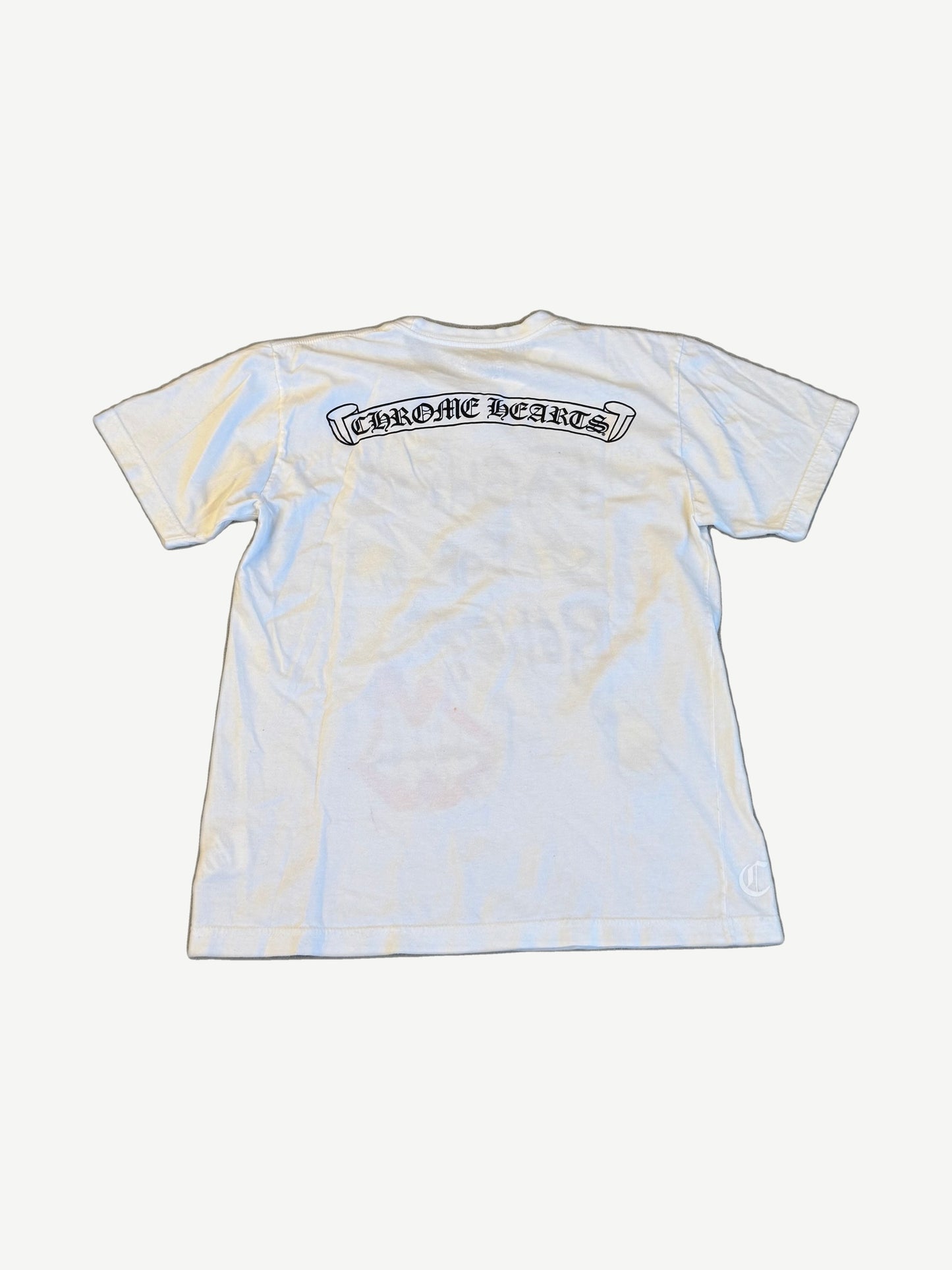Chrome Hearts Matty Boy white tee back with gothic Chrome Hearts banner logo across upper shoulders.