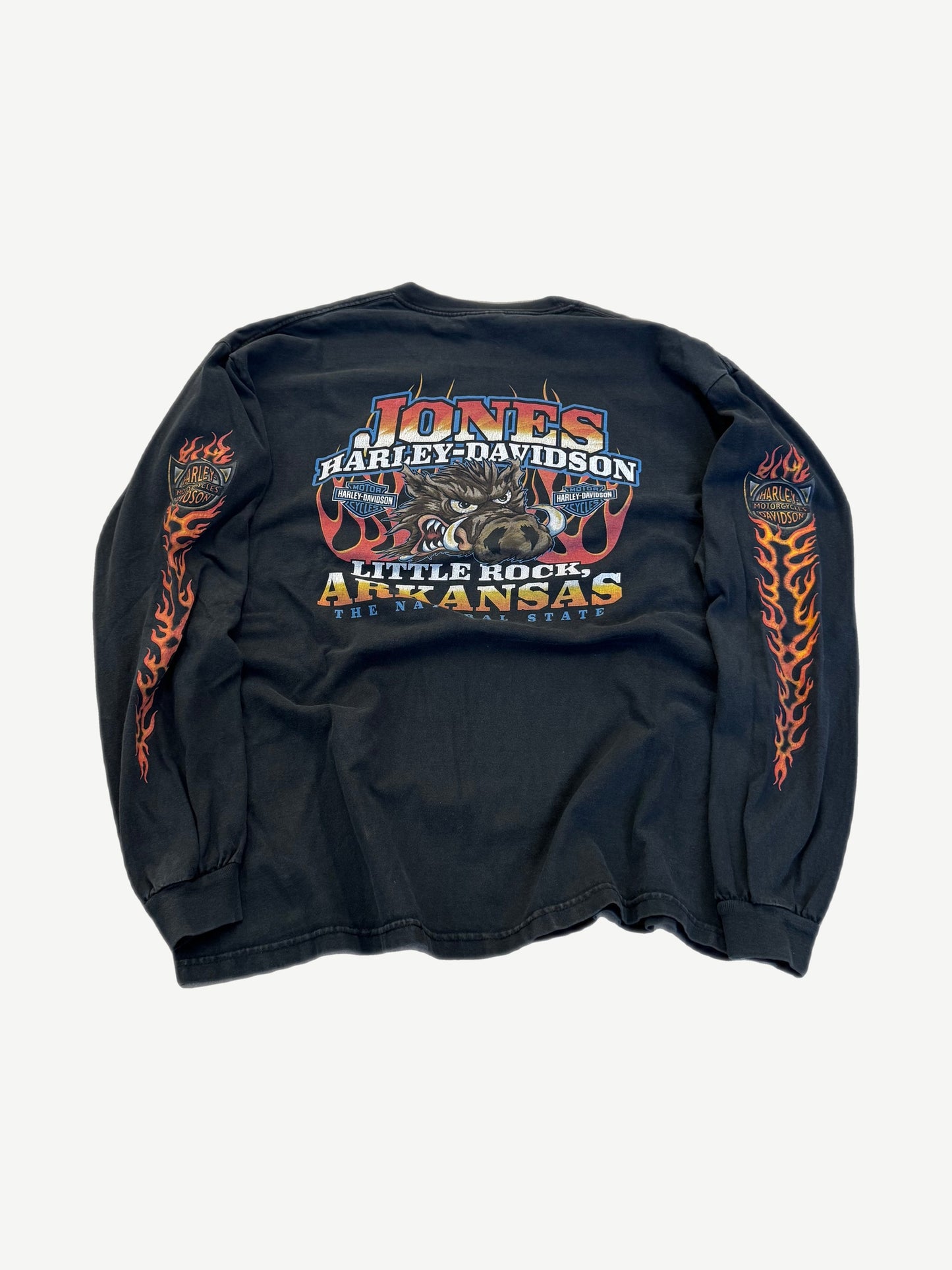 Back of vintage Harley Davidson Arkansas longsleeve tee with flame eagle motif and dealer text print.