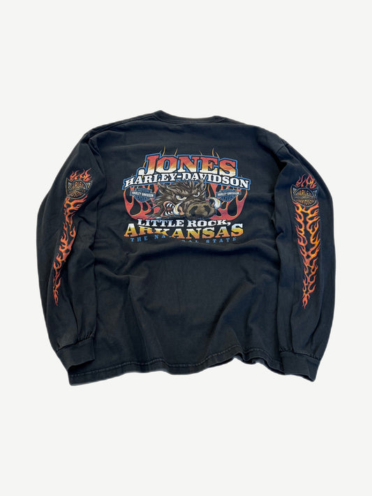 Back of vintage Harley Davidson Arkansas longsleeve tee with flame eagle motif and dealer text print.