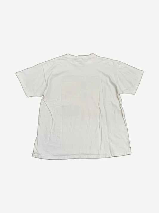 Vintage white Sesame Street Live tee back view, plain undecorated cotton jersey panel
