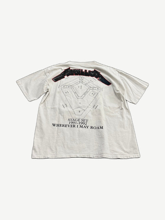Vintage Metallica white tour tee back with stage set diagram and Wherever I May Roam 1991-1992 tour text print.