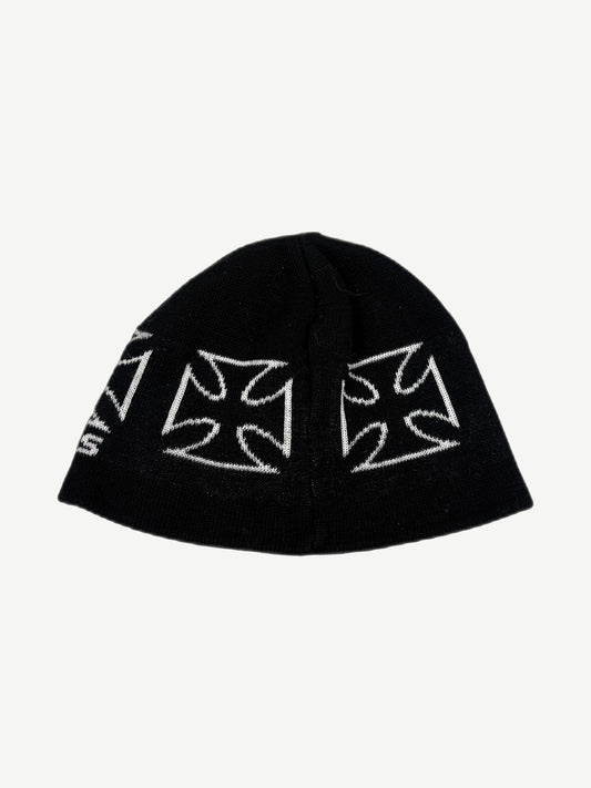 West Coast Choppers black beanie top view showing repeating white iron cross knit pattern.