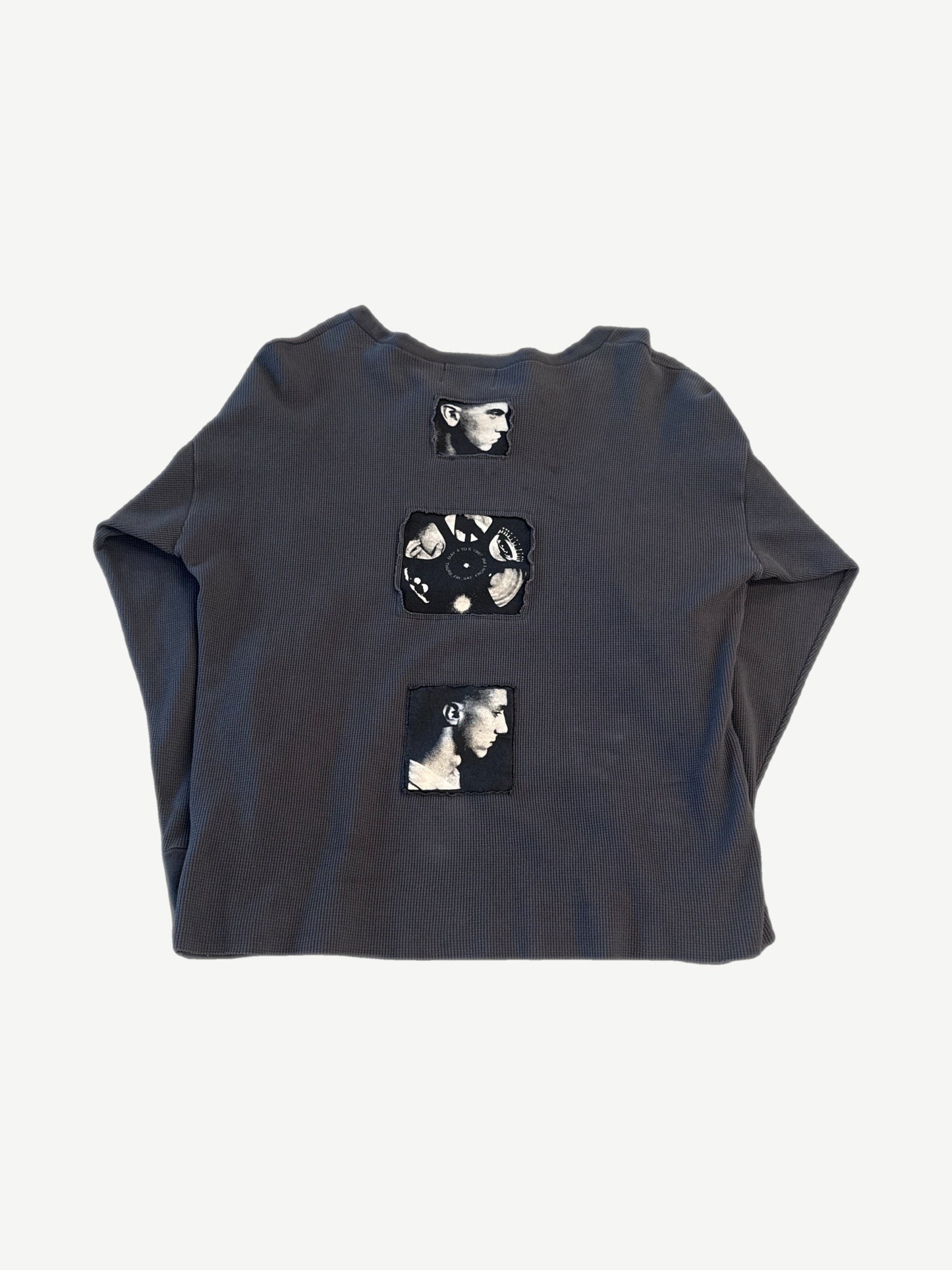 ERD Assemblage thermal longsleeve back in cream waffle knit with hand-stitched patches and worn vintage detailing