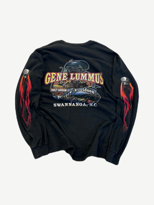 Harley Davidson Gene Lummus longsleeve back showing large skull, flames and biker shop graphic print.