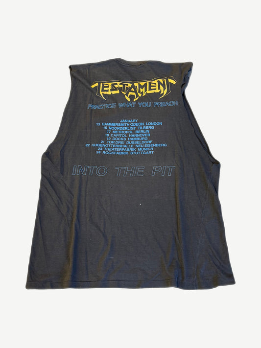 Testament Practice What You Preach cutoff tee back view listing tour dates in white gothic print.