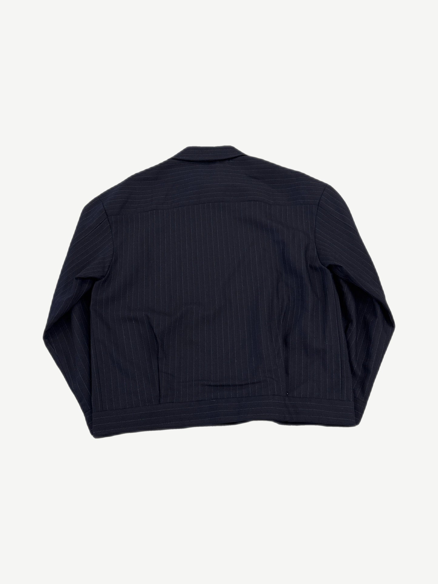 Miu Miu navy pinstripe blouson back, clean tailored silhouette with elasticated hem and button cuff details.