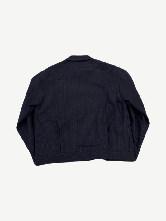 Miu Miu navy pinstripe blouson back, clean tailored silhouette with elasticated hem and button cuff details.