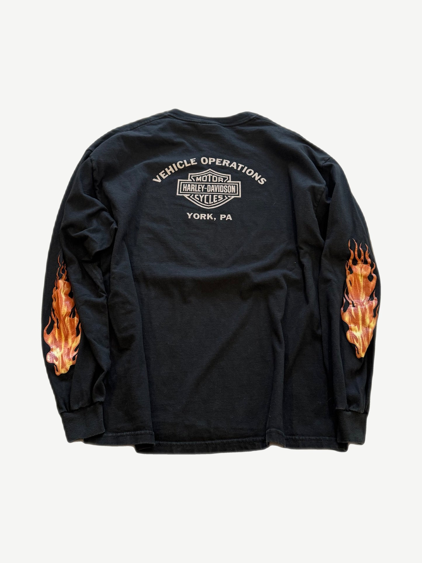 Vintage Harley Davidson York PA longsleeve back view with Vehicle Operations logo and flame sleeve prints.