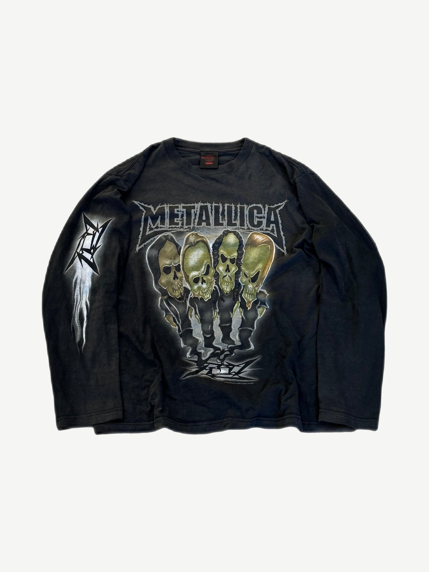 Vintage Metallica black longsleeve with four caricature skull drummers and ninja star sleeve graphic.
