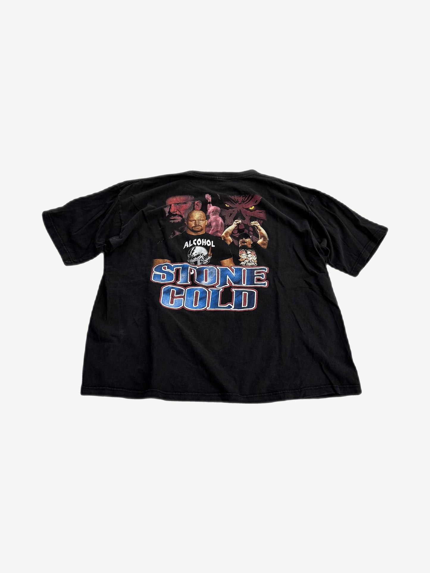 Vintage Stone Cold Steve Austin WWE black tee with collage portrait print and blue Stone Cold block text