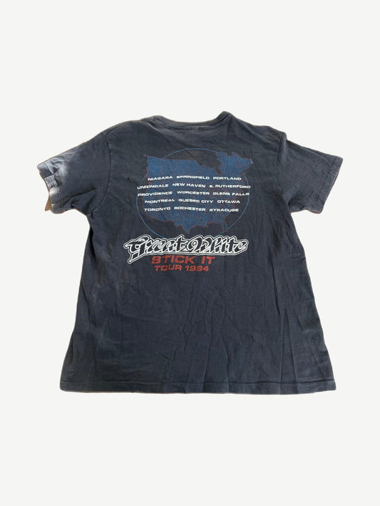 Vintage 1984 Great White Stick It Tour tee back, printed tour city list in faded white ink on black.