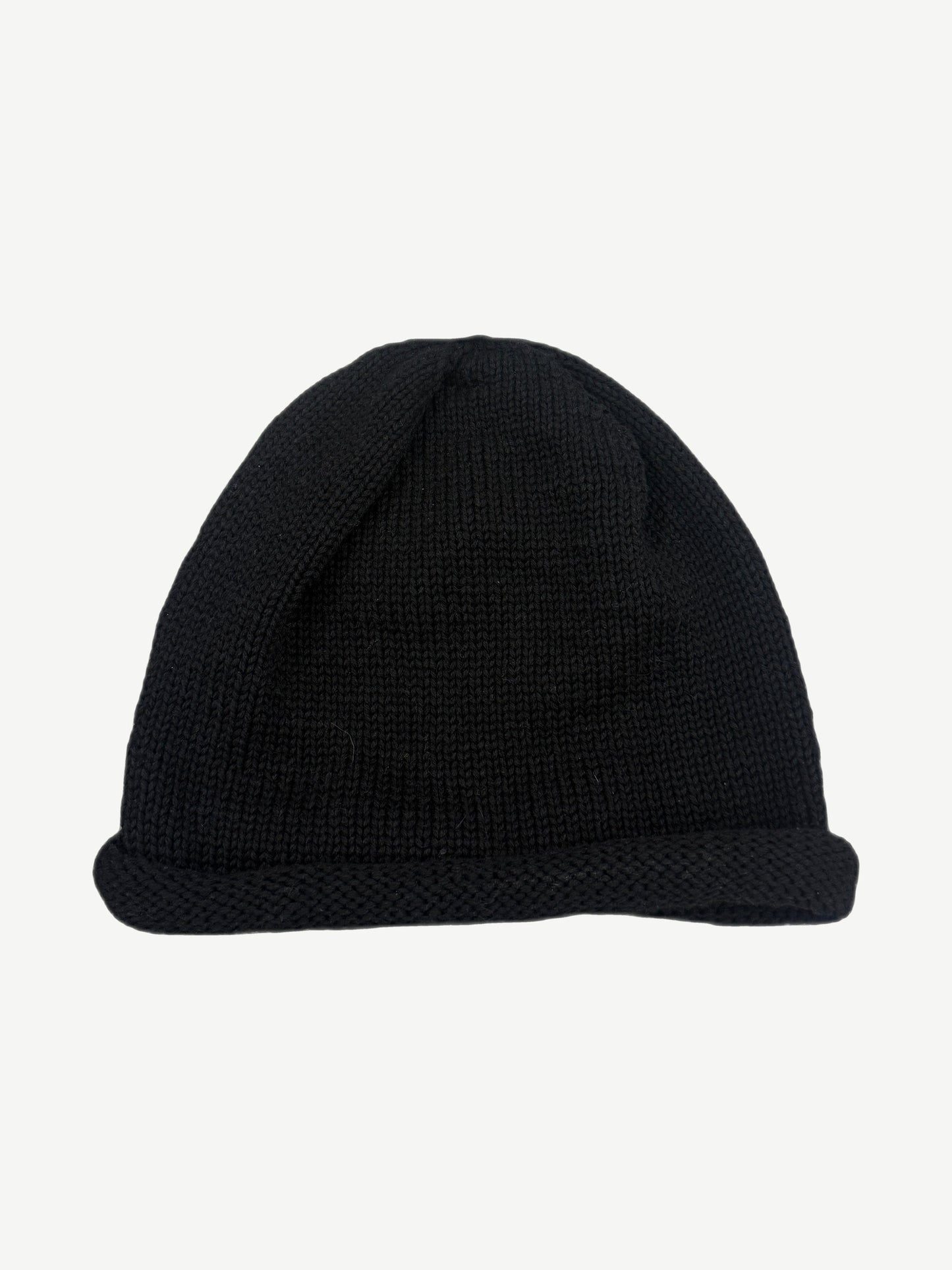 Chrome Hearts black cashmere beanie back view, ribbed knit with signature CH branding at hem