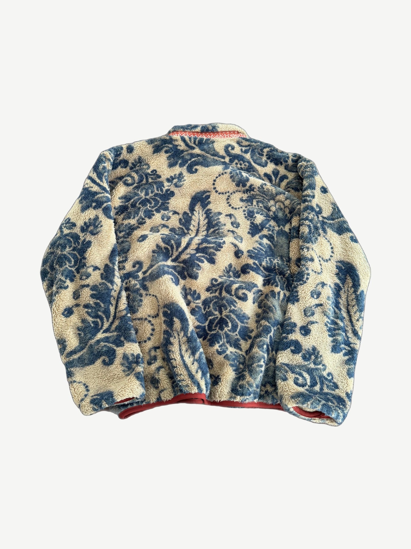Kapital damask fleece zip jacket back view, baroque print with contrast red piping and stand collar.