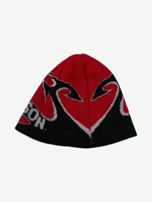 Vintage Harley Davidson beanie reverse with red and black knit flame graphic and intarsia Davidson wordmark